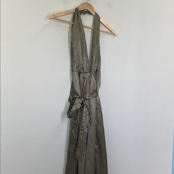 Asos - NWT Gold And Black Stripe Halter Deep V Neck Belted Jumpsuit Size 10 - Picture 7 of 11
